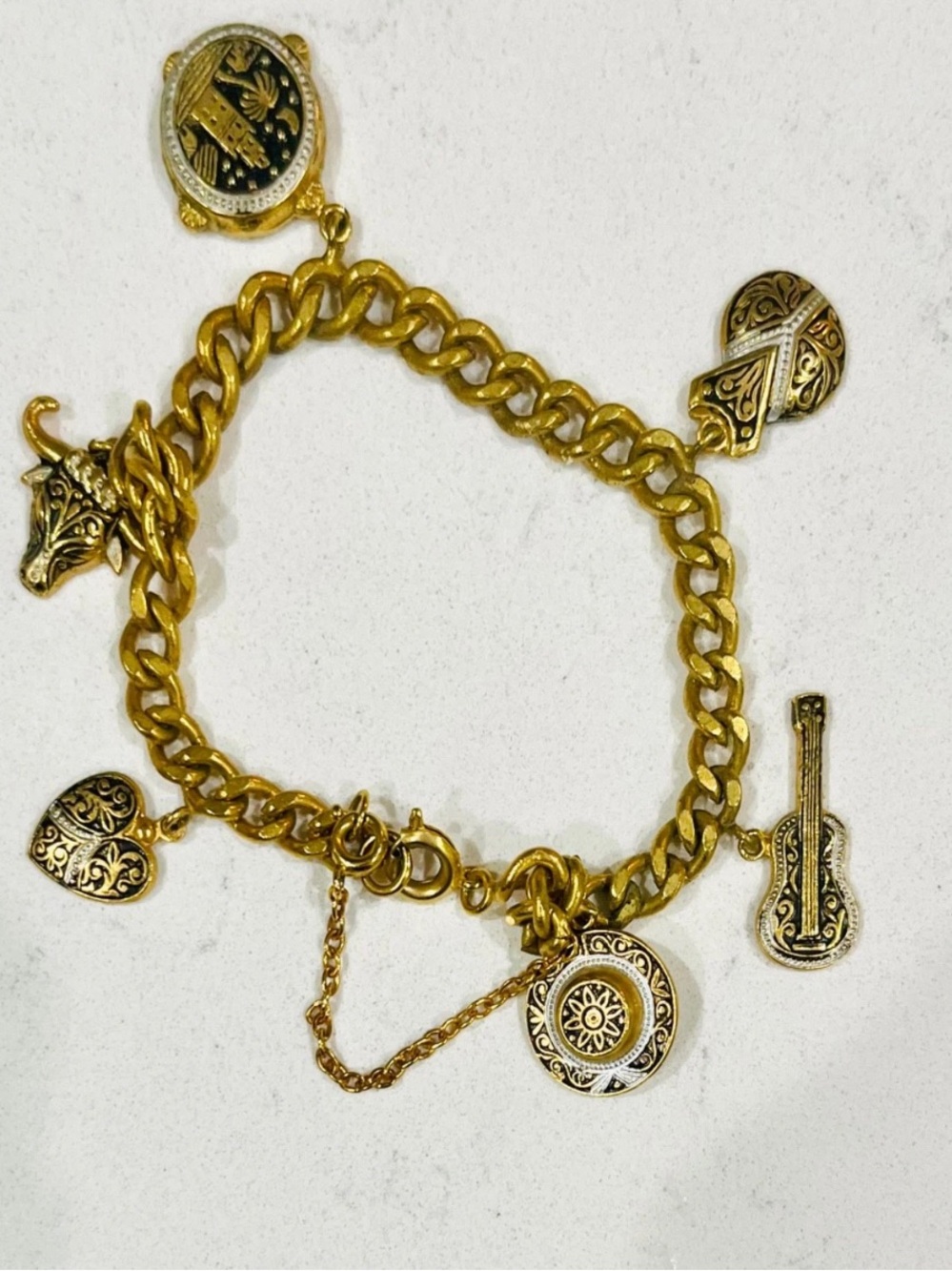 Vintage Damascene Style Charm Bracelet Gold Tone 6.75”, 1960s - Picture 4 of 12